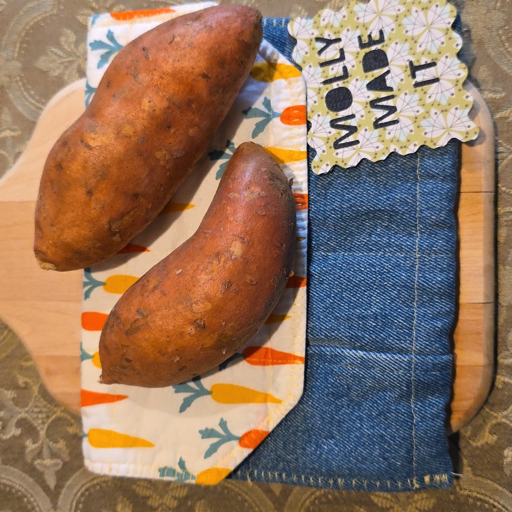 HAND CRAFTED Potato Pouch Microwave UPCYCLED Blue Denim Cotton Carrots 8.5 Inch